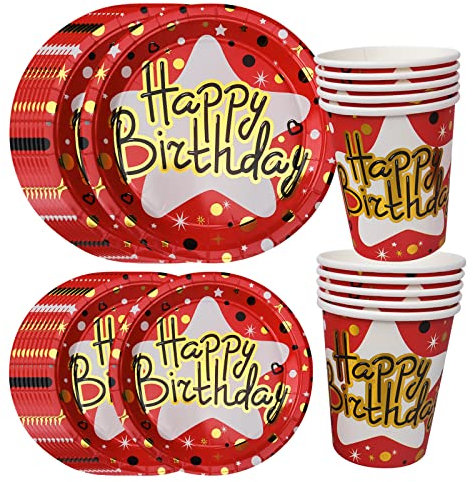 Happy Birthday Partygeschirr Set, 30Pcs Rot Gold Geburtstag Pappteller, Pappbecher Pappteller Happy Birthday Teller, für Junge Mädchen Kindergeburtstag Babyparty Tischdeko Party Deko (Rot)