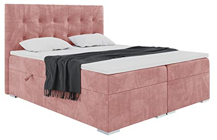 MEBLINI Boxspringbett mit Bettkasten - Gepolstert Doppelbett mit Matratze und Topper - Polsterbett mit Stauraum - Bett mit Kopfteil - Stauraumbett - Deniz - 140x200 - H3/Rosa Samt