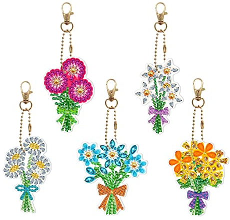 JSRQT 5 Stücke Diamond Art Painting Schlüsselanhänger, Flowers Doppelseitige Diamond Art Painting Anhänger, Diamant Malerei Schlüsselanhänger für Frauen Mädchen, Strass Malerei Craft Buddy