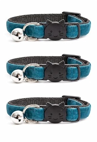 Velvet Cat Collars with Bell. Safe Breakaway Quick Release Buckle. Available in Cat & Kitten Size (Pack of 3) (Cat Collar (20cm - 30cm), Emerald Green Velvet (Pack of 3))