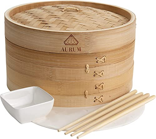 Aurum® Panier Vapeur Bambou, Cuiseur Vapeur Bambou 2 Niveaux, Panier Cuisson Vapeur 20 cm et 25 cm, Cuisson Naturelle (20cm)