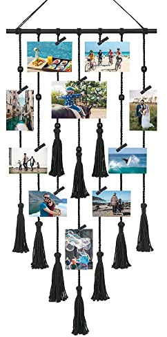 LbsAMP Foto hängendes Seil Makramee Wandbehang Hängender Fotowand mit 30 Holzklammern selbstklebender Haken Boho Deko Chic Gewebte Tapisserie Fotohalter für Wohnkultur Hochzeitsfeier Fotoseil 43x108cm