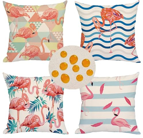 Oujkeef wasserdichte Kissenbezugen,4 Stück Rosa Flamingo Kissenhülle Leinen Atmungsaktiv Kissen mit verstecktem Reißverschluss Fall für Outdoor Balkon Terrasse Patio Garten Bauernhaus Dekor 75x75