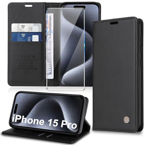 Handyhülle für iPhone 15 Pro Hülle [mit Schutzfolie][Premium PU Leder] Klapphülle Kartenfach Magnetic Ständer Flip Case Cover Etui Tasche Schutzhülle für iPhone 15 Pro 6.1“ (Black)