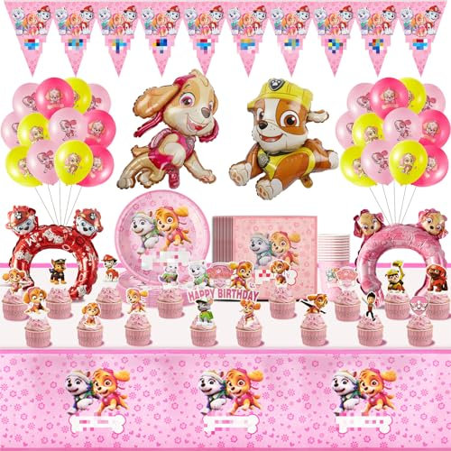 WWD2 86 Pcs Party Supplies Set+Party Ballons, Party Tableware Set, Birthday Party Paper Plates Cups Napkins and Tablecloth Sets Kids Pow Dog Patral Decorations for 10 Guests