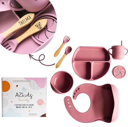 coffret repas bebe personnalisé, assiette compartiment ventouse pour bébé, bavoirs bebe silicone, cuillere et fourchette personnalisable, couvert bebe, cadeau naissance garcon fille (ROSE)