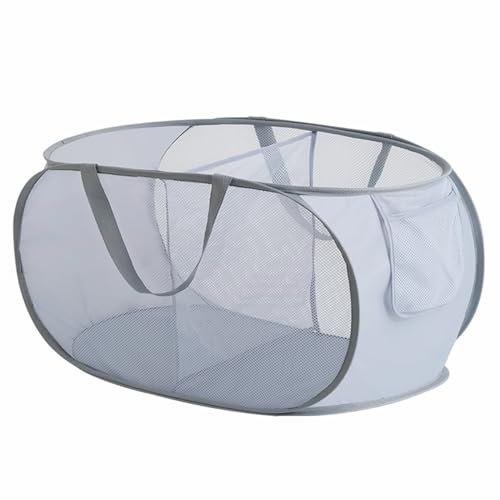 SamHeng Pop Up Laundry Basket, Mesh Collapsible Laundry Hamper Bins with 2 Compartments, 70L Folding Washing Basket with Handles for Clothes Toy Tidy Storage Organiser Laundry Net Bag (Grey)