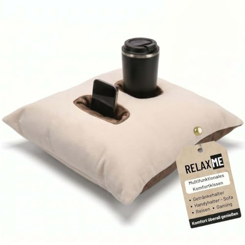 Nurtextil24 Relax ME Kissen Getränkehalter Sofakissen 40x40 cm BeigeBraun | Multifunktional Allzweckkissen -Tablett & Getränkebehälter- Tolles Geschenk Idee - Sofakissen, Kopfkissen, Reisekissen