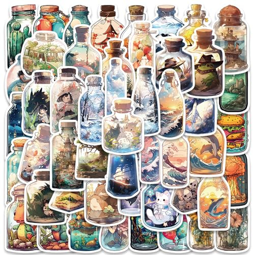 Sticker Aesthetic,50 Stück Vintage Sticker Set,Wasserfeste Welt In Einer Flasche Aufkleber,Cartoon Vinyl Stickers für Laptop Skateboard Koffer Scrapbooking,Geschenk für Kinder Teenager Erwachsene