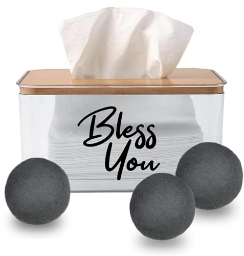 Transparent Dryer Sheet Dispenser , Dryer Sheet Holder includes 3 Magnetic Dryer Ball Holder, Acrylic Tissue Box Holder , Dryer Sheets Container , Clear Tissue Box Holder , Laundry Sheets Container.