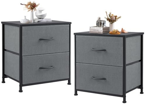 DUMOS Nachttisch 2er Set Beistelltisch Stoff Schubladenschrank Schmal Schrank Kommode Schlafzimmer Industrial Stil für Wohnzimme Kinderzimmer Flur Aufbewahrungsschrank