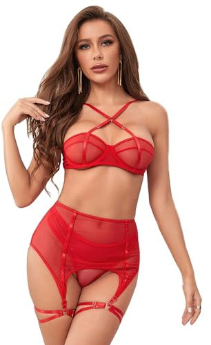 lau-fashion Transparent Dessous Set Strumpfgürtel Netz Mesh Harness mit Bügel Strumpfband S/XL Farbe rot, Größe S/M