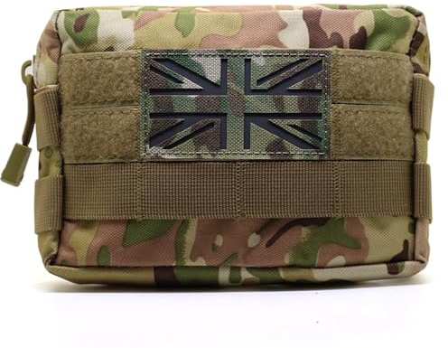 Multicam Camouflage Tactical MOLLE Pouch Waist Pack EDC Organiser Medic Tool Bag Airsoft Military Army Utility Belt Backpack Vest Pouch MTP (Pouch + IRR Union Jack Flag Patch)