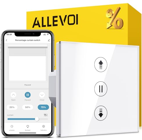 Allevoi Interruptor de Persiana Inteligente con control por Porcentaje, 80 * 80mm Interruptor de Persiana Wifi, Control por Voz Compatible con Alexa/Google Home/Smart Life, Requiere Cable Neutro