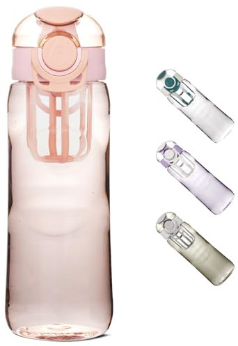 Kerilyn Transparente Wasserflasche mit Fruchteinsatz, Trinkdeckel, auslaufsichere Wasserflasche mit Schloss, BPA-freie Kunststoff-Wasserflasche für Schule, Büro, Outdoor, Rosa, 800 ml