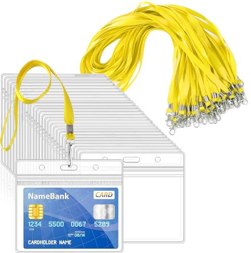 Lot de 50 cordons jaunes pour tour de cou avec 50 porte-cartes, porte-cartes d'identité en plastique transparent – Porte-badges horizontaux et étanches avec cordon pour cartes d'identité, bureau,