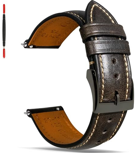 Gomvadr Quick Release Lederarmband, Vintage Öl gegerbt Pull-up Lederband Ersatz Uhrenarmbänder Männer Frauen 14mm 16mm 18mm 19mm 20mm 21mm 22mm 24mm (20mm, Ash Black/Black Buckle)