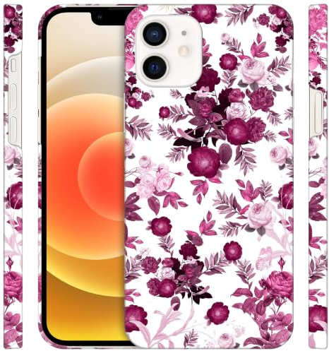 GlamCase for iPhone 12 Mini, iPhone 12 Mini Case - Pink Burgundy Floral Pattern Design Printed Slim Fit Cute Plastic Hard Snap on Protective Designer Back Phone Case/Cover for iPhone 12 Mini.