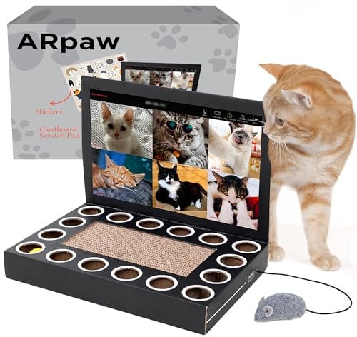 ARpaw Laptop aus Karton für Katzen Kratzbaum mit Maus Interaktives Katzenspielzeug für Indoor-Katzen Kitten Supplies Kätzchen & Erwachsene Katzenspielzeug