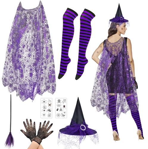 Abitoncc 6 PCS Halloween Witch Costume Adult Women with Spider Web Cape, Witch Hat, Broom Prop,Stripe Stockings for Halloween Costume Women Adults Kids Girls Purple 120cm