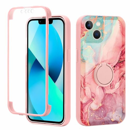Yoedge Kickstand Phone Case for iPhone 13 6.1,360°Rotatable Magnetic Ring Holder Cases,Full Body Shockproof Silicone Back Cover with Built-in Screen Protector,Pink Marble Pattern for iPhone 13