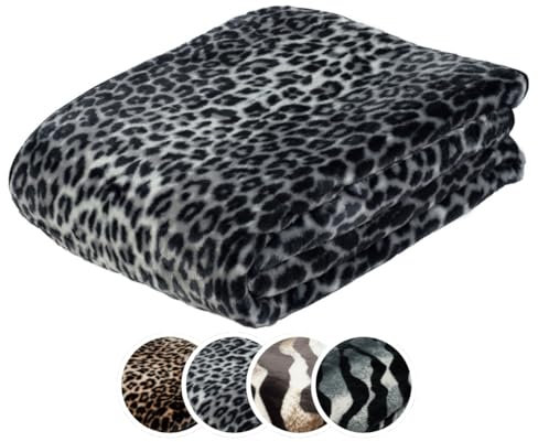 liebling Cashmere Decke, Wohndecke, Kuscheldecke, Motiv: Schnee-Leopard, 100% Polyester - Mikrofaser, 150 x 200 cm, Farbe: Silber
