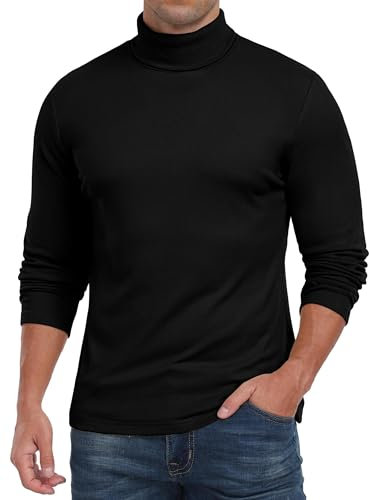 QIXING Mens Long Sleeve Thermal Underwear Tops Turtleneck Thermal Winter Warm Shirts for Mens Basic Layer Tops(Black, L)
