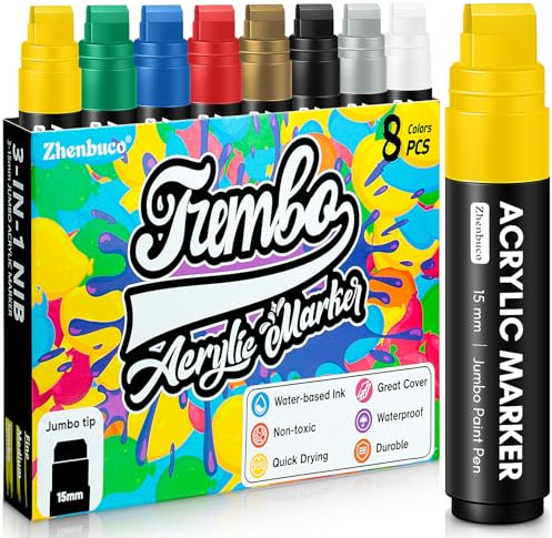 Zhenbuco Jumbo Poster Markers - 8 Colors Permanent Paint Pens, 15mm Felt Tip Graffiti Waterproof Acrylic Paint Markers for Rock Painting, Signs, Stone, Metal, Ceramic, Glass, Wood, Canvas, Fabric
