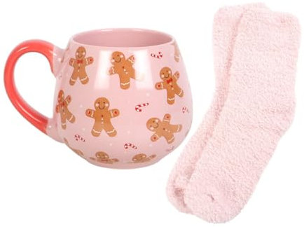 Something Different Gingerbread Man Mug and Sock Set (One Size) (Pink/Brown/Red)