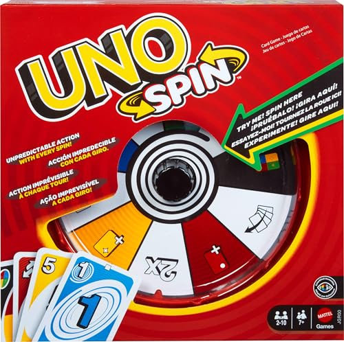 Mattel Games UNO Spin Kartenspiel für Kinder, Erwachsene und Spieleabende mit der Familie, Klassisches Spiel mit Drehscheibe, Neue Herausforderungen und Regeln, Aktivität bei schlechtem Wetter, JGR00