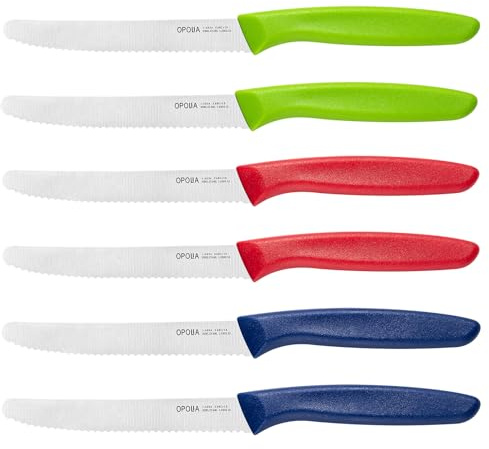 OPOLIA FrüHstüCksmesser 6 Stück,Red&Blue&Green,Hochwertiges Edelstahl Tafelmesser Gezackte Klinge,Brötchenmesser,Tomatenmesser,Restaurant&Haushalts Scharfe Messer Set,Rostfrei&SpüLmaschinenfest