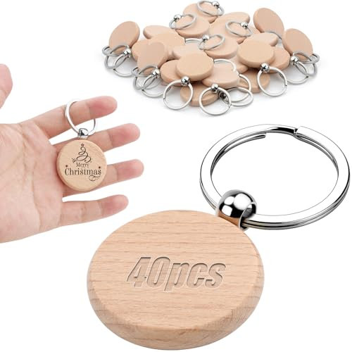 KGGZKG Schlüsselanhänger Holz Rohling Rund Blanko Holzanhänger Personalisierte Holzschlüsselringe zum Bemalen Wooden Keychain Schlüsselring (40 Stück)