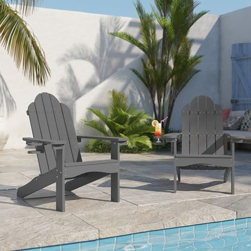 LUE BONA Adirondack Stuh 2er Set,Wetterfester Adirondack Chair aus Kunststoff,mit Becherhalter, Moderner Kunststoffstuhl für Terrasse,Garten,89 x 76 x 92cm,Tragfähigkeit 180kg,Dunkel Grau