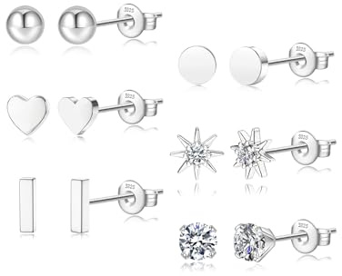 JEMARA 6 Pairs Silver Stud Earrings for Women Hypoallergenic 925 Sterling Silver Stud Earrings Ball Heart Cubic Zirconia Earrings Set Dainty Sterling Silver Earrings for Women
