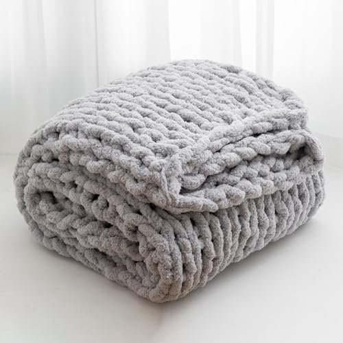 Wttfc Grob Gestrickte Kuscheldecke, Handgefertigt Grobe Strickdecke, Weich und Warm Chenille Decke,Grobstrickdecke,Gestrickte Decke,Grobstrick Decke,Sofadecken Couchdecke,Grau,80x100cm