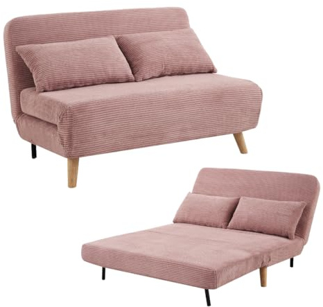 Home Detail Keller 2-Seater Sofa, Pink Cord | Small Double Sofabed, Wooden Legs, Fold Out Mechanism