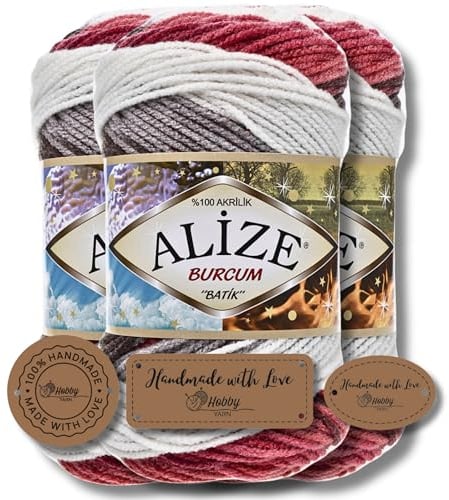 Hobby YARN 3x Etikettenlabel mit Alize Burcum Batik Wolle Premium 3x100g als Set, Yarn, Garn, Strickgarn, Farbverlauf, Babywolle zum Häkeln, Stricken, Kleidung, Schals (1984)