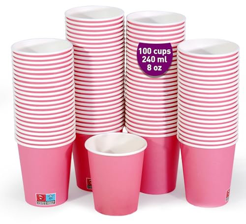 GoBeTree 100 Vasos de papel Rosa de 240 ml, Papel Carton duradero, Vasos desechables resistentes para fiestas, celebraciones y eventos