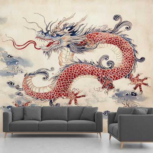 Tapete Chinesischer Drache 350x256 cm - Tuschemalerei Vliestapete Schlafzimmer Wohnzimmer, Orientalische Selbstklebend Tapete Wandtapete Wand Dekoration Fototapete