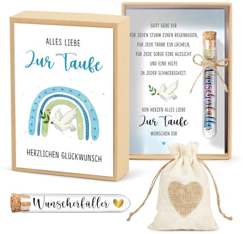 BOFUNX Taufegeschenk Geldgeschenke zur Taufe Inklusive Alles Liebe zur Taufe Karte Geschenkbox Kunststoff Reagenzglas Jutesäckchen Taufgeschenk Geld Gutschein Verpackung für Jungen Mädchen