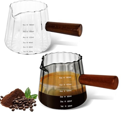 YYTECH 2 Stück 180ml Espresso Messbecher Glas mit Holzgriff, Espresso Kännchen Mit Skala, Transparent Messgläser mit V-förmiger Öffnung, Cocktail Messbecher ML für Kaffee Milch, Borosilikatglas
