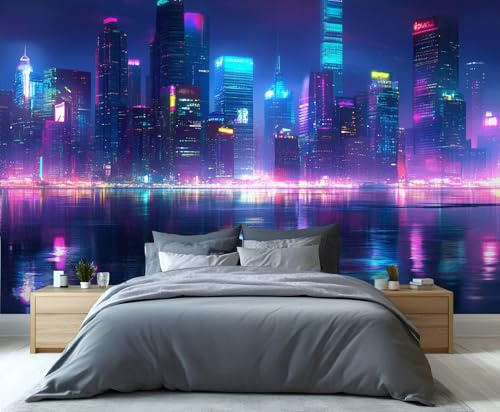 YXQAIED City Wallpaper, City Night View Bedroom Wallpaper Mural, Skyscraper Poster Photo Wallpapers for Dining Room Kitchen Home Decor, 350x256cm