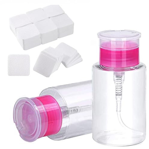 2pcs Nail Polish Remover Pump Dispenser 180 ML Push Down Cleanser Bottle Travel Empty Liquid Container with 300 Cotton Pads