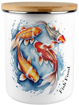 Purely Home Fish Food Storage Canister - Koi Fish Pond Large Enamel Pet Food Storage Jar Gift