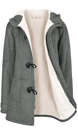 Yuson Girl Winterjacke Damen Fleecejacke Lang Warm Hornknopfjacke Einfarbig Wintermantel Kapuzenpullover Winter Cardigan Sweatshirt Damen Reißverschluss Kapuzenjacke mit Knopf
