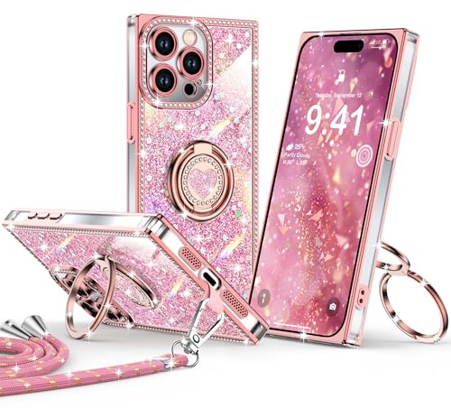 XYZ for iPhone 15 Pro Max Case, Glitter Cover with 2-Ring Stand Pink | Heart Double Ring Holder, Bling Lanyard, Women Girls Luxury Rhinestone Shockproof Protective Case, Pink