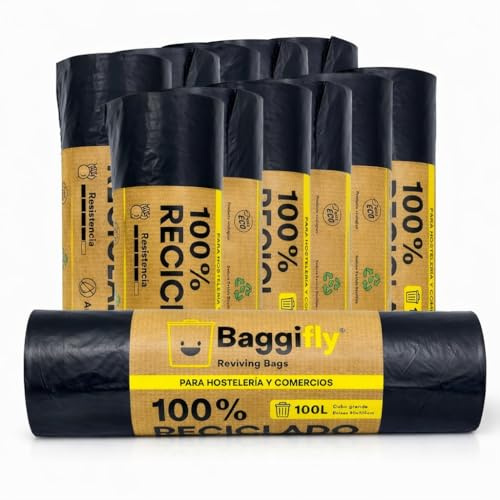 Baggifly, Bolsas de Basura 100L, 120 Bolsas Súper Resistentes, 100% Recicladas, ECO Friendly, Hostelería, Comercios y Jardinería, Pack 12 x 10, Fabricado en España