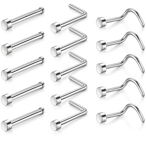 Crdifu 15er Silber Nasenstecker Nasenpiercing 7mm Spirale L Form Stecker Set 18G / 20 Gauge Chirurgenstahl Piercing Schmuck