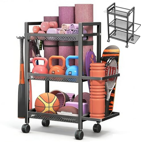 Yoga Mat Storage Rack with Wheels,Heavy Duty Home Gym Storage Organiser | with 4 Wheels & 6 Hooks,for Dumbbells,Kettlebells,Foam Roller,Portable Fitness Equipment Holder Stand,46x33x86cm