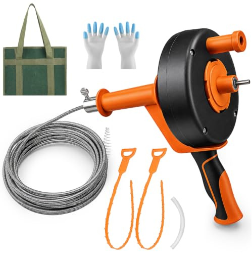 Drain Snake 10m, Flexible Auger with Drill Attachment for Hair Clog Removal | Steel Spring, Manual or Drill Use, with Latex Gloves & Storage Bag, for 1.2-3in Pipes, Sinks Showers Tubs, Kitchen Bathroom